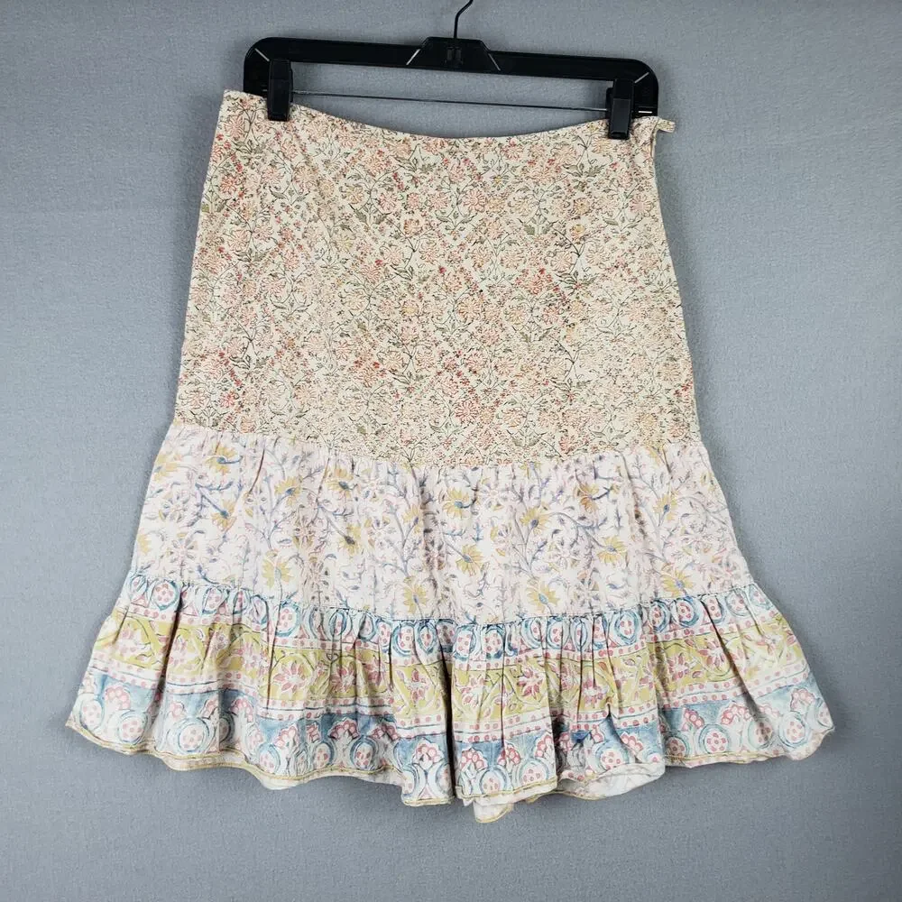 Lucky Brand Size S Tiered Peasant Skirt Blue Yellow Paisley Microfloral Cottage - Picture 1 of 7